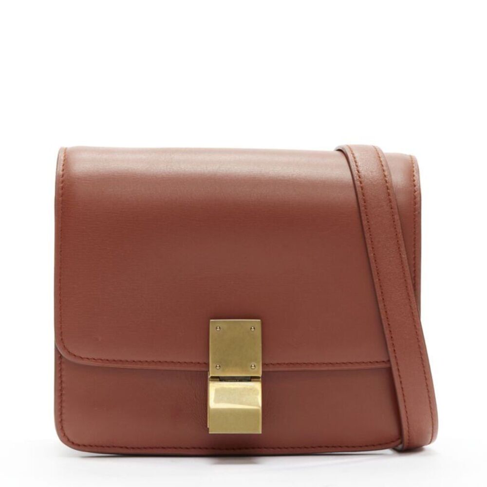 Celine Classic Box tan brown calfskin gold clasp crossbody bag